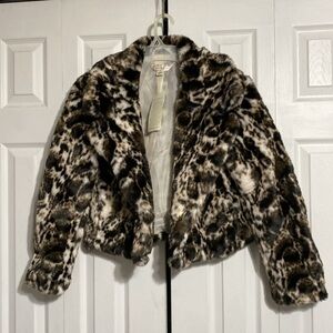 Band of the free animal print black brown cream faux fur jacket coat MEDIUM